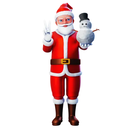 Santa Claus Posing Peace Hand With Snowman  3D Illustration