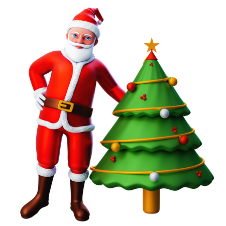 Santa Claus Posing With Christmas Tree  3D Illustration