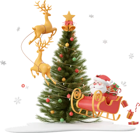 Santa Claus Riding A Sleigh Around Christmas Tree  3D Icon