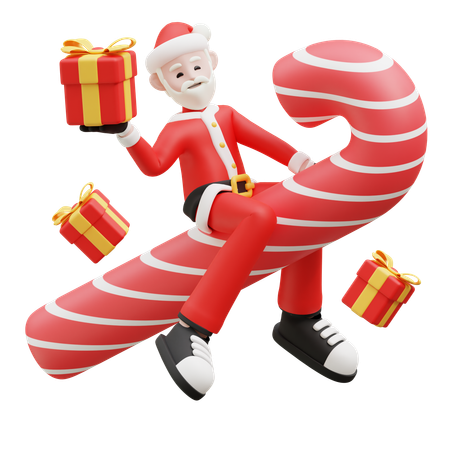Santa Claus Riding On Candy Cane  3D Icon