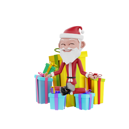Santa claus seating on christmas gifts 3D Illustration