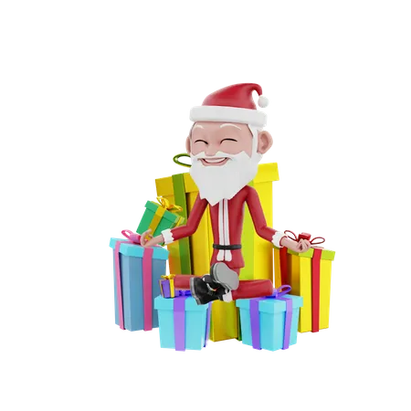 Santa claus seating on christmas gifts 3D Illustration