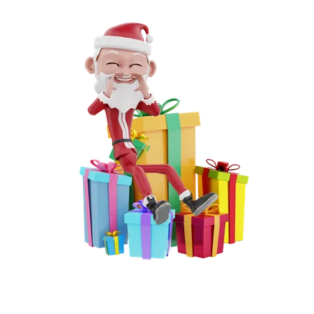 Santa claus seating on gift box  3D Illustration