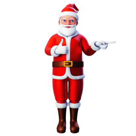 Papá Noel apuntando hacia el lado derecho o con la mano mostrando el gesto del pulgar hacia arriba  3D Illustration