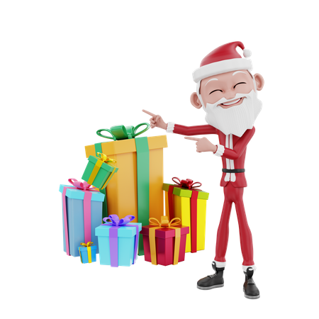 Santa claus señalando regalos de navidad  3D Illustration