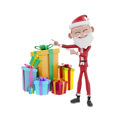 Santa claus señalando regalos de navidad  3D Illustration