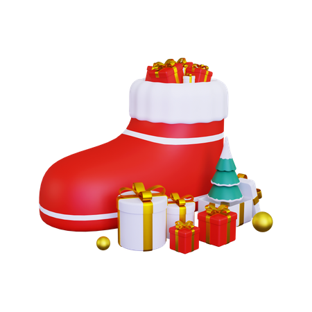 Santa Claus shoes with lots of gifts  3D Illustration