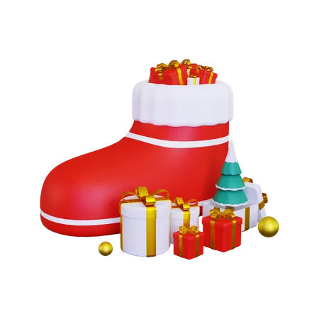 Santa Claus shoes with lots of gifts  3D Illustration