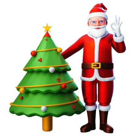 Papá Noel muestra gesto de mano Ok con árbol de Navidad  3D Illustration