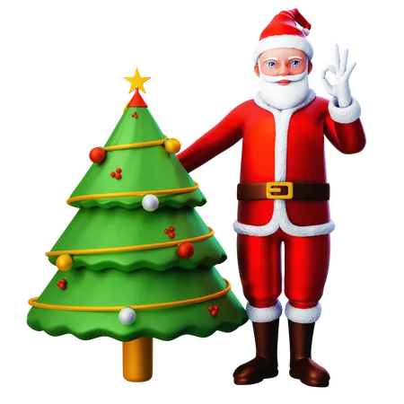 Santa Claus Show Ok Hand Gesture With Christmas Tree  3D Illustration