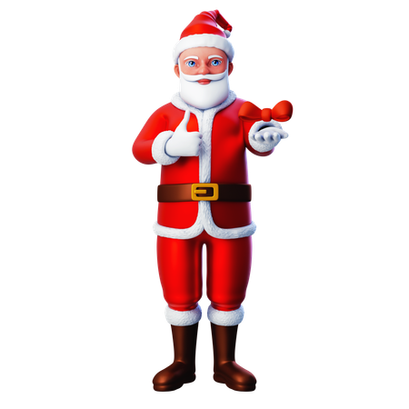 Santa Claus Showing Bow Ribbon And Posing Thumb Up Hand Gesture  3D Illustration