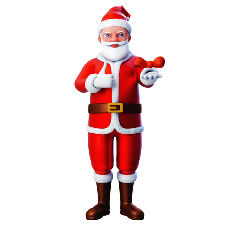 Santa Claus Showing Bow Ribbon And Posing Thumb Up Hand Gesture  3D Illustration