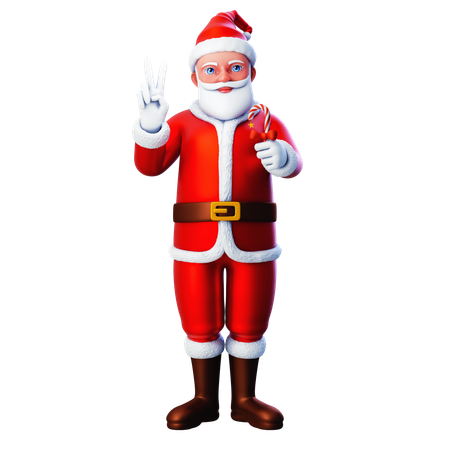 Santa Claus Showing Candy And Doing Peace Hand Gesture  3D Illustration