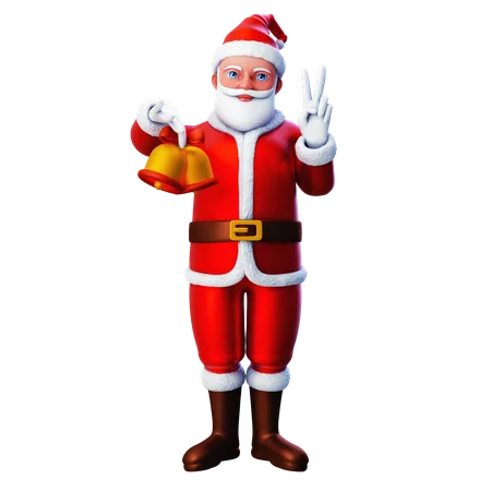 Santa Claus Showing Christmas Bells And Posing Peace Hand Gesture  3D Illustration
