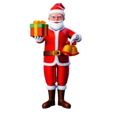 Santa Claus Showing Christmas Gift Box And Christmas Bell  3D Illustration