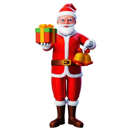 Santa Claus Showing Christmas Gift Box And Christmas Bell  3D Illustration