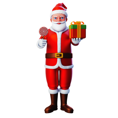 Santa Claus Showing Christmas Gift Box And Holding Lolipop  3D Illustration