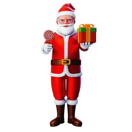 Santa Claus Showing Christmas Gift Box And Holding Lolipop  3D Illustration
