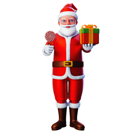 Santa Claus Showing Christmas Gift Box And Holding Lolipop  3D Icon