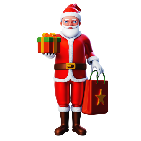 Santa Claus Showing Christmas Gift Box And Shopping Bag  3D Illustration