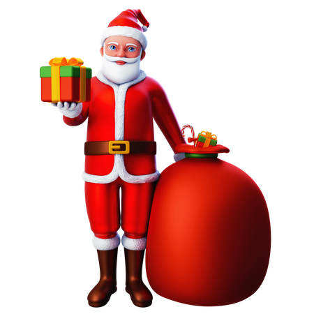Santa Claus Showing Christmas Gift Box With Gift Bag  3D Illustration