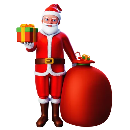 Santa Claus Showing Christmas Gift Box With Gift Bag  3D Illustration