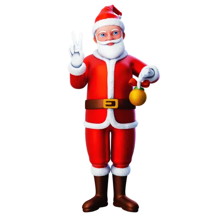 Santa Claus Showing Peace Hand Gesture With Holding Christmas Ball  3D Illustration