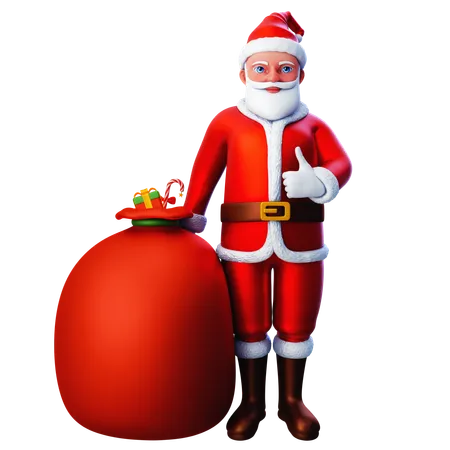 Santa Claus Showing Thumb Up Hand Gesture With Gift Bag  3D Illustration
