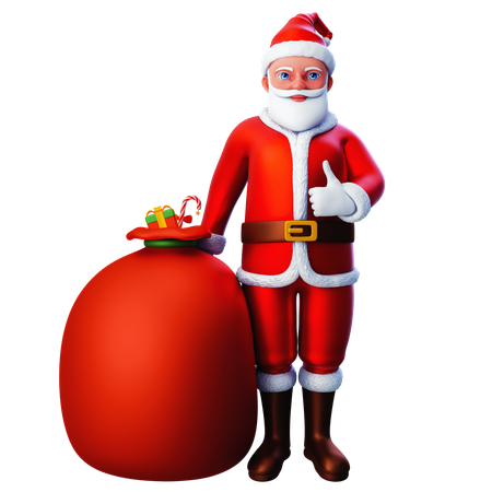 Santa Claus Showing Thumb Up Hand Gesture With Gift Bag  3D Illustration