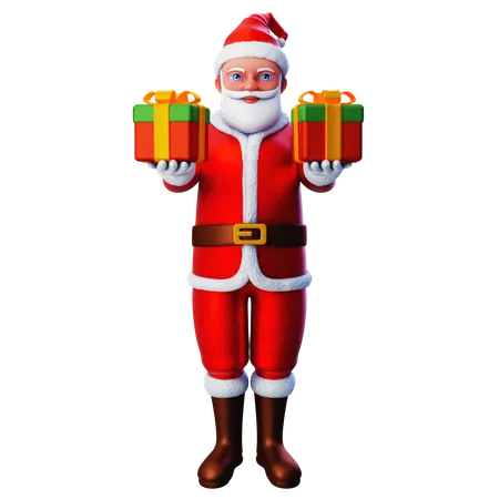Santa Claus Showing Two Christmas Gift Boxs  3D Illustration