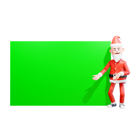 Santa Claus shows something on the green screen beside him while bowing show an information  3D Illustration