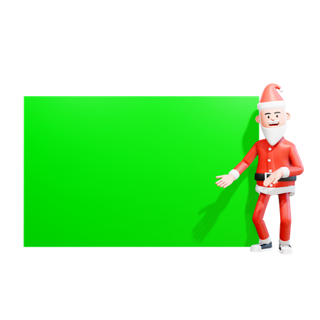 Santa Claus shows something on the green screen beside him while bowing show an information 3D Illustration