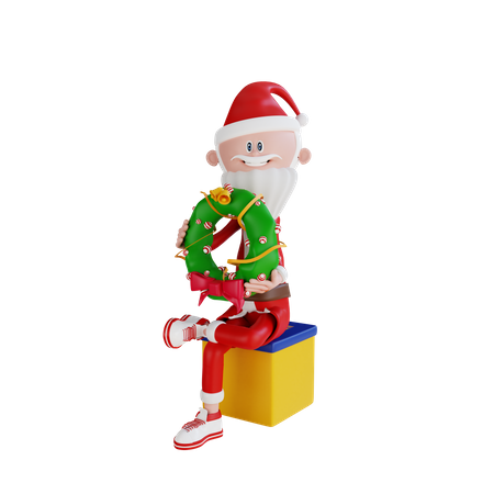 Santa Claus Sitting And Carrying A Wreath Christmas  3D Illustration