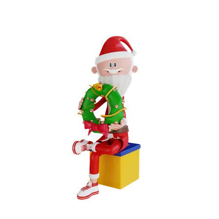 Santa Claus Sitting And Carrying A Wreath Christmas  3D Illustration