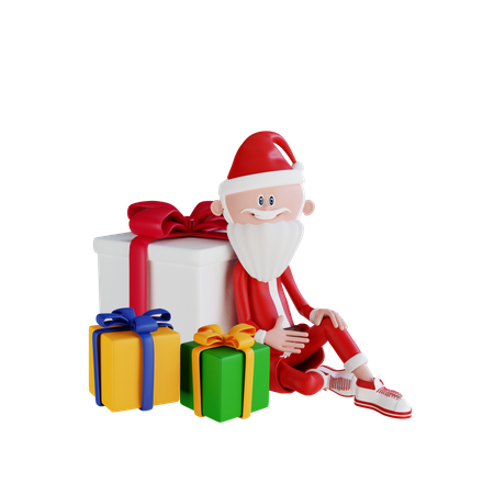 Santa Claus Sitting Beside The Gift 3D Illustration