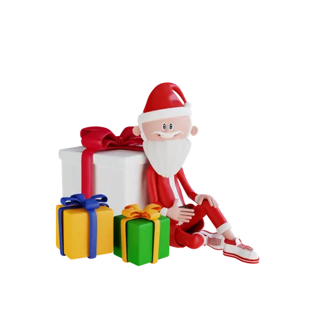 3 D Santa Claus Character Sitting Beside The Gift High Resolution 3D Illustration