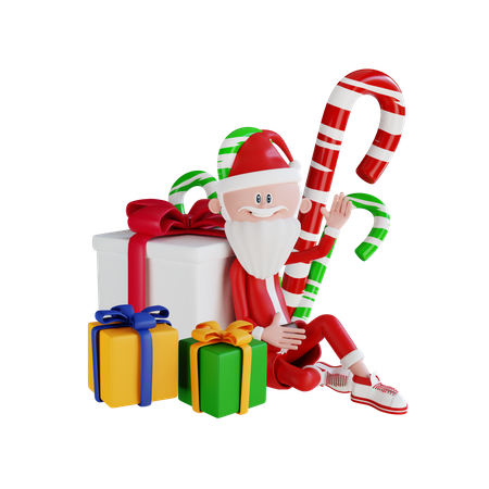 Santa Claus Sitting Beside The Gift And Candies  3D Illustration