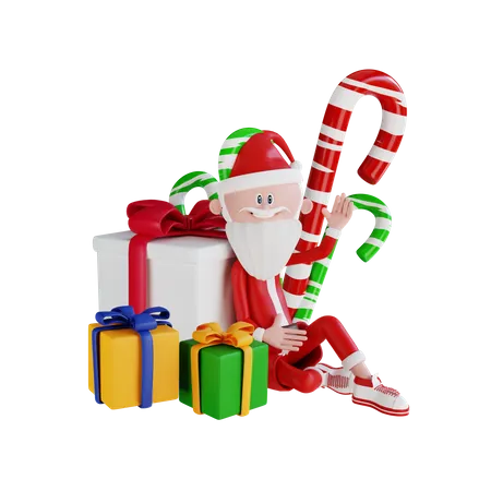 Santa Claus Sitting Beside The Gift And Candies  3D Illustration