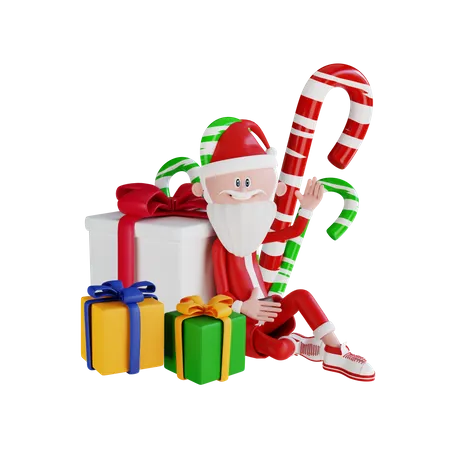3 D Santa Claus Character Sitting Beside The Gift And Candies High Resolution 3D Illustration