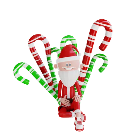 3 D Santa Claus Character Sitting In Front The Candies High Resolution 3D Illustration