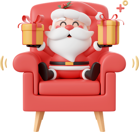 Santa Claus Sitting On Sofa And Holding Christmas Gift  3D Icon