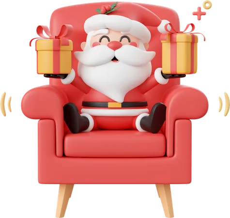 Santa Claus Sitting On Sofa And Holding Christmas Gift  3D Icon