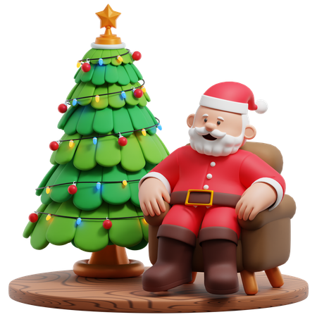 Santa Claus Sitting On Sofa With Christmas Tree Decoration  3D Illustration