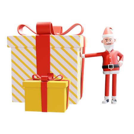 Santa claus smiling and hand leaning against Big gift  3D Illustration