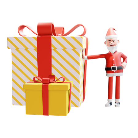 Papá Noel sonriendo y con la mano apoyada en Gran regalo  3D Illustration