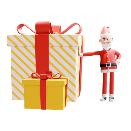 Papá Noel sonriendo y con la mano apoyada en Gran regalo  3D Illustration