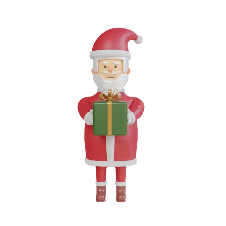 Santa Claus Con Caja De Regalo Verde  3D Illustration