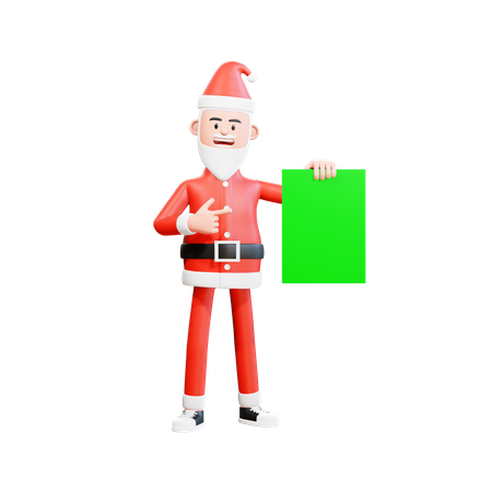 Papá Noel sosteniendo papel verde con la mano izquierda y apuntando con la mano derecha  3D Illustration