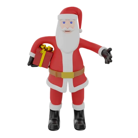 Papá Noel sosteniendo regalos de Navidad y saludando para saludar.  3D Illustration