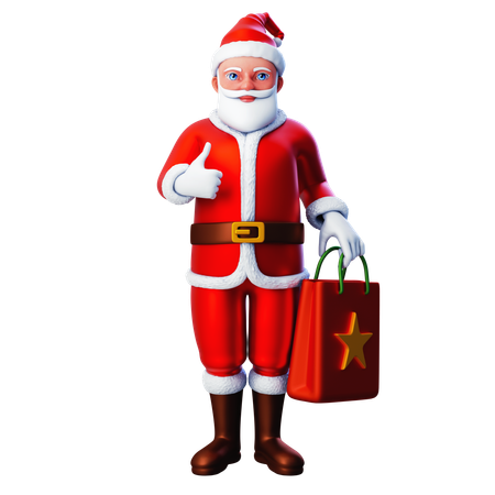 Santa Claus sosteniendo una bolsa de compras y mostrando el gesto de la mano con el pulgar hacia arriba  3D Illustration